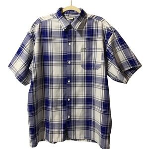 Caltop Mens XL Button Down Shirt Short Sleeve Plaid Blue‎ White USA Made Flaw